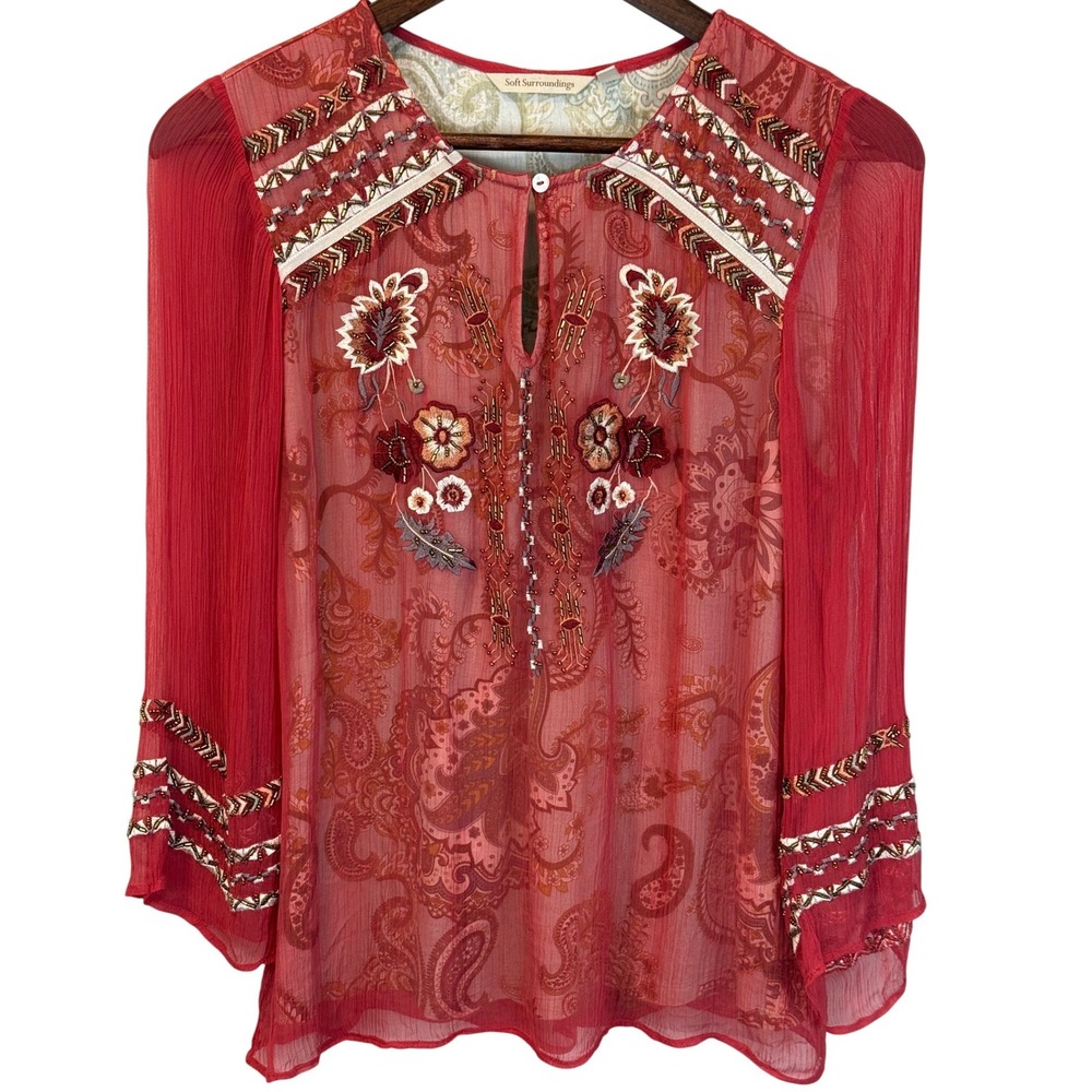 Soft Surroundings Samara Tunic Dark Coral Sheer Embroidered Boho Floral Sz Small